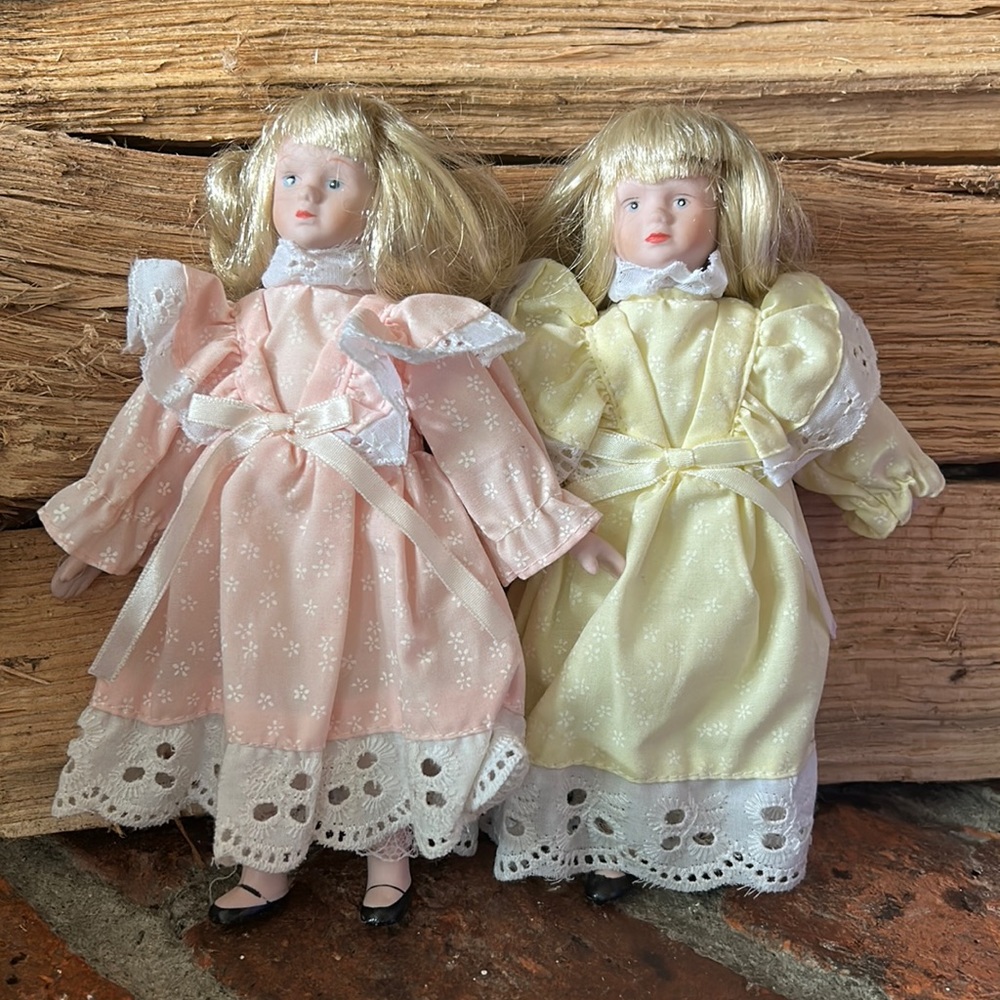 VINTAGE LOT OF 2 PORCELAIN FACE Bisque Dolls 8" YELLOW/PINK DRESSES